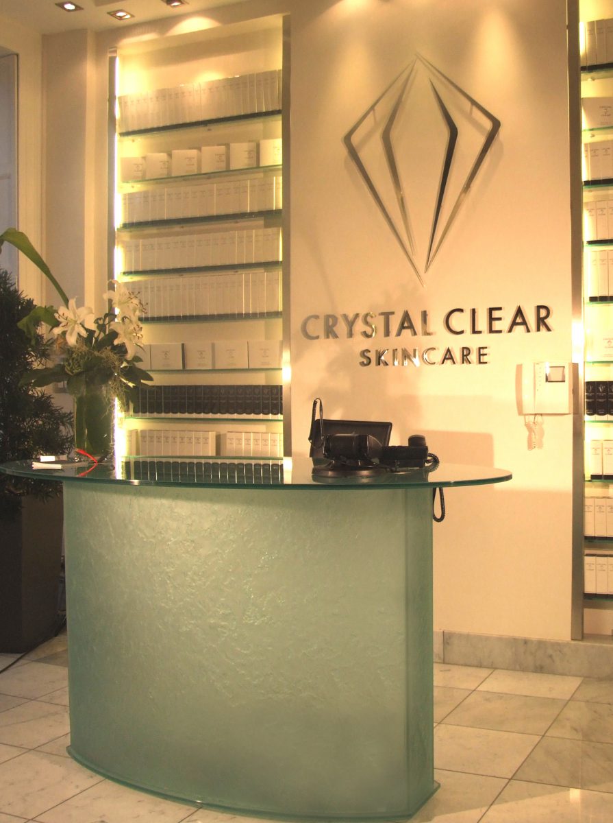 Crystal Clear Skincare logo and reception desk