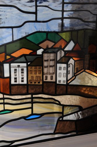 Close up of Whitby glass design at The Magpie Cafe Yorkshire