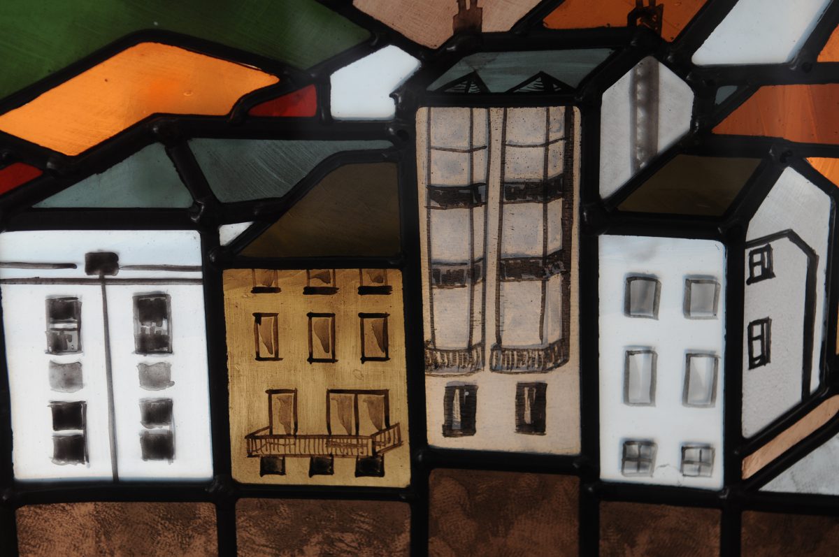 Stained glass by Daedalian featuring buildings