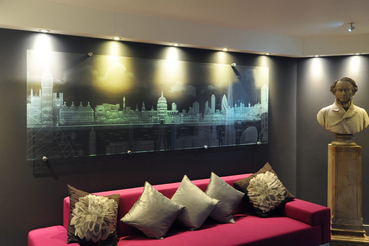 London skyline etched glass installation in room