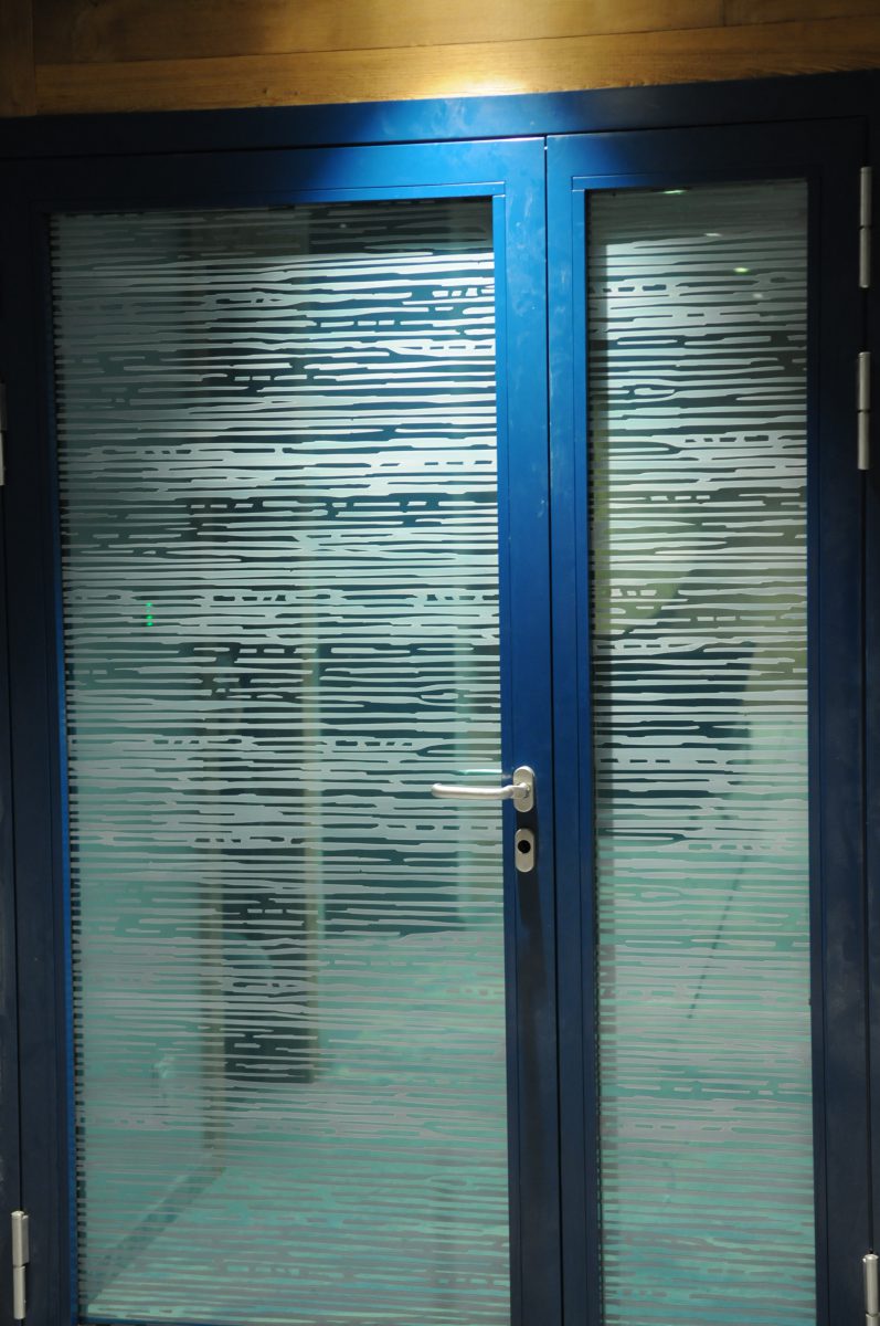 Photograph of a blue door with etched pattern