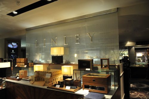 Linley at Harrods, London Glass work with products