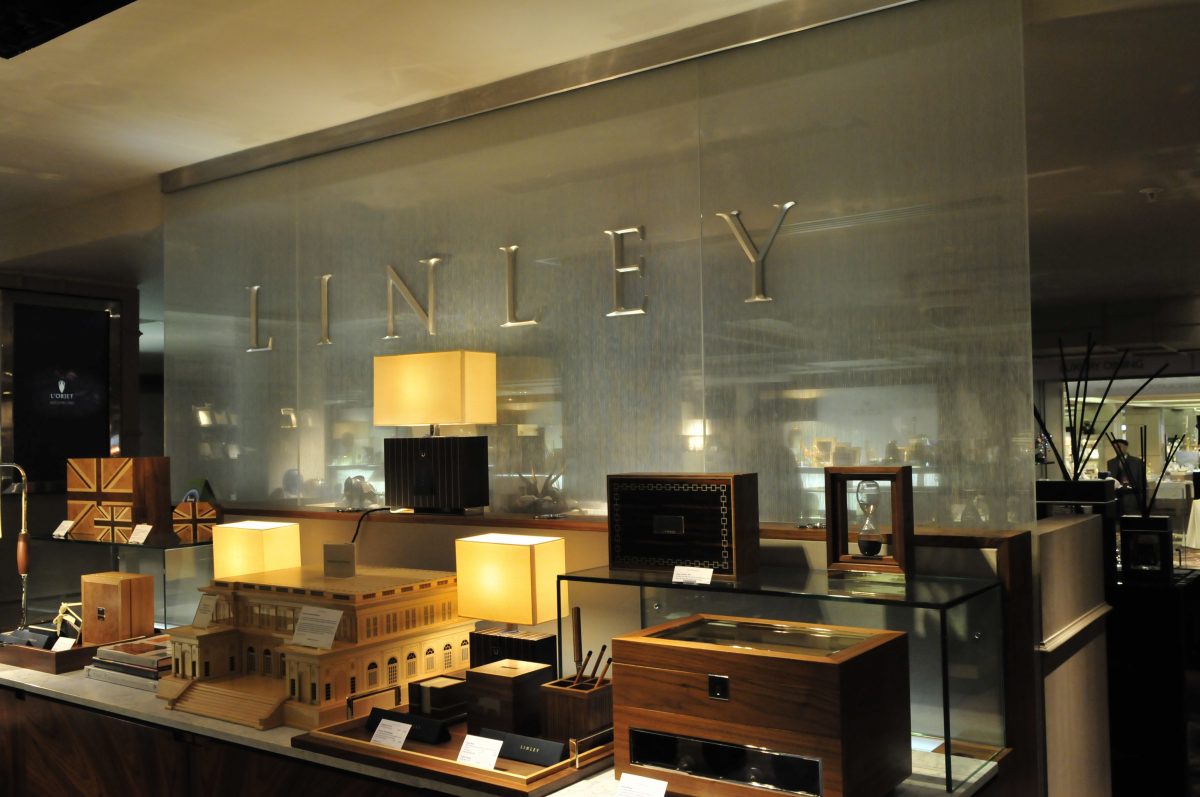 Distored perspective of Linley stand at Harrods London second shot