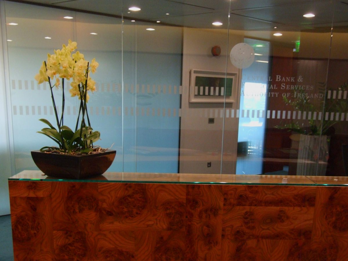 Etched glass partitioning, Daedalian Glass Studios for The Central Bank and Financial Services Authority of Ireland.