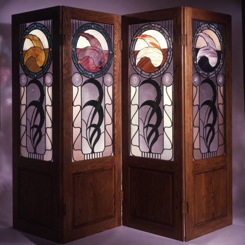 Stained glass panels inserts in wooden room dividers