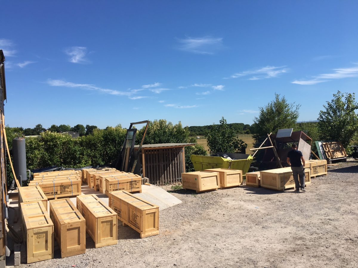 Glass sections in crates ready to be freighted to Saudi Arabia.