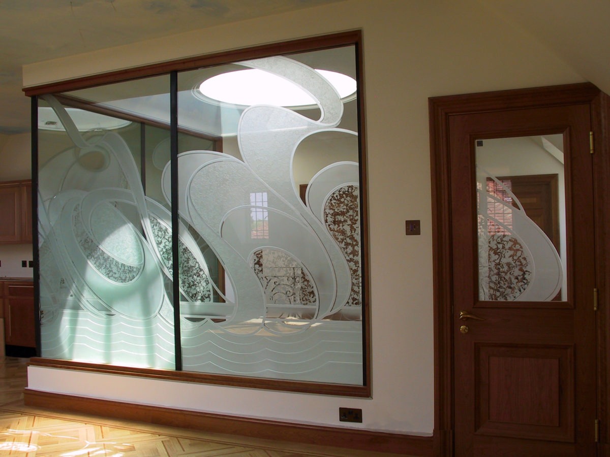 Etched glass partition screen at a private residence in Hampstead Garden Suburb, London
