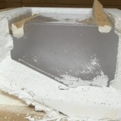 Soda glass was cast into this mould. This glass was used rather than lead-crystal due to it weighing significantly less.